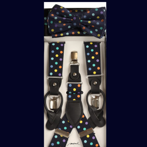 Navy with Polka Dots Suspenders with Matching Silk Bow Tie Set Navy with Polka Dots Suspenders with Matching Silk Bow Tie Set