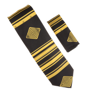 100% Printed Silk Necktie with Pocket Square - Abstract Black with Gold Tribal Print 100% Printed Silk Necktie with Pocket Square - Abstract Black with Gold Tribal Print
