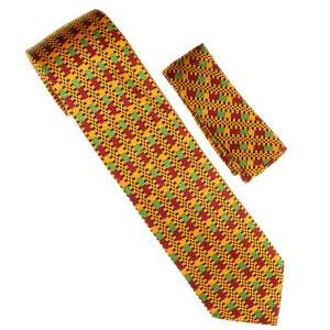 100% Printed Silk Necktie with Pocket Square - Block Kente Print 100% Printed Silk Necktie with Pocket Square - Block Kente Print