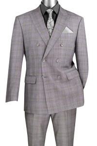 Vinci Glenplaid Double-Breasted Suit - Grey with Lavender Vinci Glenplaid Double-Breasted Suit - Grey with Lavender