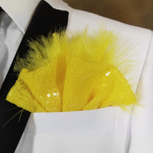 Yellow Sequin Ruffle & Feather Pocket Square Insert Yellow Sequin Ruffle & Feather Pocket Square Insert