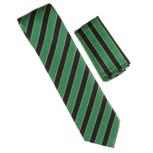 Antonia 100% Silk Tie w/Pocket Square - Green & Black Diagonal Stripes