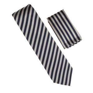 Antonia 100% Silk Tie w/Pocket Square - Navy & Silver Diagonal Stripes