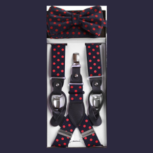 Red Dots on Navy Suspenders with Matching Silk Bow Tie Set