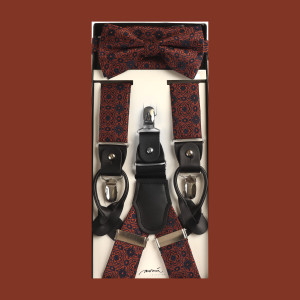 Blue Medallions on Rust Suspenders with Matching Silk Bow Tie Set