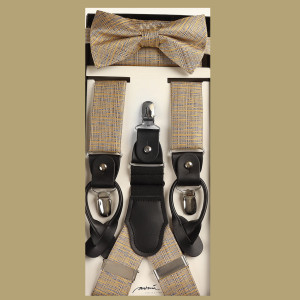 Light Gold Grass Cloth Design Suspenders with Matching Silk Bow Tie Set