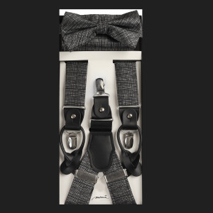 Black & Grey Grass Cloth Design Suspenders with Matching Silk Bow Tie Set