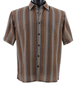 Clearance: Bassiri Short Sleeve Camp Shirt - Brown & Peach Vertical Greek Key Design