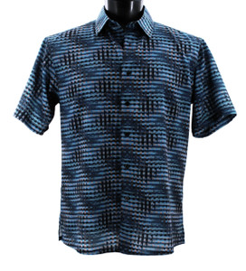 Clearance: Bassiri Short Sleeve Camp Shirt - Blue Illusion Pattern