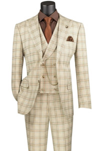 Vinci 2-Button Khaki Tan Glenplaid Suit with DB-Vest - Modern Fit