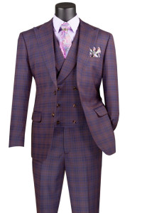 Vinci 2-Button Purple Glenplaid Suit with DB-Vest - Modern Fit