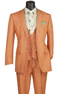Vinci 2-Button Rusty Orange Glenplaid Suit with Low-Cut Vest