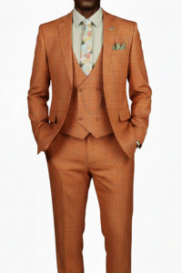 Vinci 2-Button Rusty Orange Glenplaid Suit with Low-Cut Vest