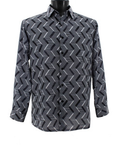Clearance: Bassiri Black & White Zig-Zag Design Long Sleeve Camp Shirt