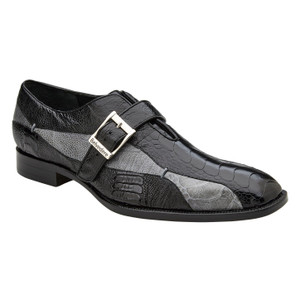 Belvedere Genuine Ostrich Leg Two-Tone Monk Strap Shoes - Black & Grey