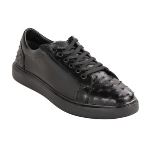 Los Altos Genuine Ostrich Quill & Calf Leather Black Sneaker - Black Sole