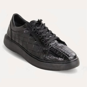 Los Altos Genuine Caiman Croc Belly Low Profile Black Sneaker - Black Sole