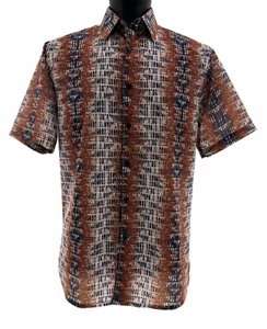 Bassiri Short Sleeve Camp Shirt - Bronze & Black Abstract Vertical Graph Pattern