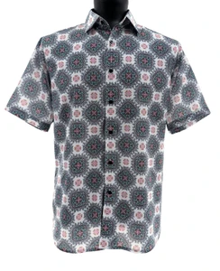 Bassiri Short Sleeve Camp Shirt - Large Medallion Design in Grey, Pink & White