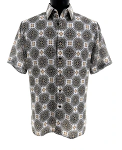 Bassiri Short Sleeve Camp Shirt - Large Medallion Design in Brown, Tan & White