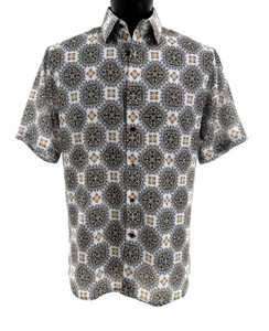 Bassiri Short Sleeve Camp Shirt - Large Medallion Design in Brown, Blue & White
