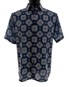Bassiri Short Sleeve Camp Shirt - Large Medallion Design in Navy Blue & Brown