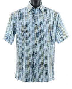 Bassiri Short Sleeve Camp Shirt - Diagonal Jagged Line Design in Blue Tones
