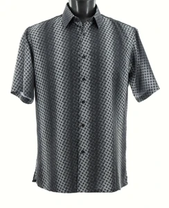 Bassiri Short Sleeve Camp Shirt - White on Black Tonal Grid Design