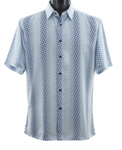 Bassiri Short Sleeve Camp Shirt - Blue Tonal Grid Design