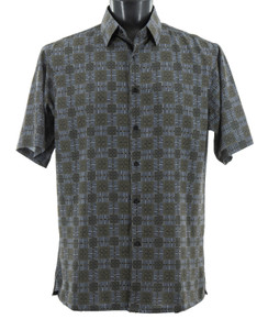 Bassiri Short Sleeve Camp Shirt - Square & Dash Design in Olive