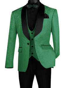 Vinci 3 Piece Green Floral Embossed Tuxedo with Matching Vest - Slim Fit