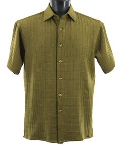 Bassiri Green Waffle Textured Short Sleeve Camp Shirt