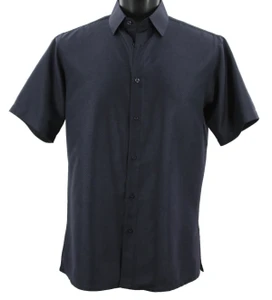 Bassiri Tiny Dot Weave Short Sleeve Camp Shirt - Navy Blue