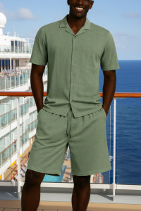 Sangi Textured Weave 2- Piece Walking Shorts Set - Sage Green