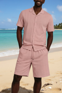 Sangi Textured Weave 2- Piece Walking Shorts Set - Mauve Pink