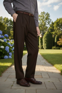 Leonardo Valenti Classic Fit 1-Pleat Super 150's Wool Slacks - Brown