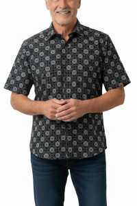 Leonardo Valenti 100% Cotton Short Sleeve Sports Shirt - Black Medallion 