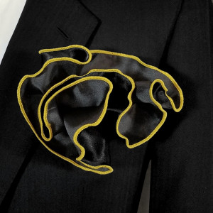 Black Satin 2-in-1 Pouf Round Pocket Square with Bright Gold Trim