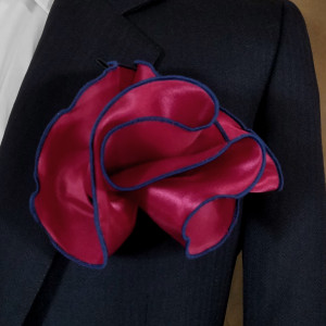 Burgundy Satin 2-in-1 Pouf Round Pocket Square with Blue Trim