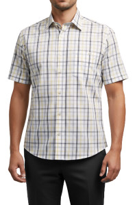 Leonardo Valenti 100% Cotton Short Sleeve Sports Shirt - Charcoal & Yellow Plaid