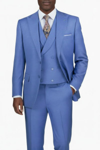 Vinci 2-Button French Blue Textured Weave Suit with DB Vest - Modern Fit