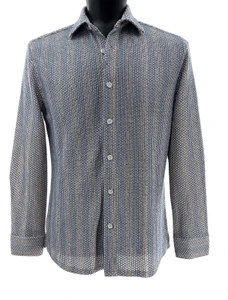 Bassiri Weaved Chenille Knit Long Sleeve Shirt - Blue & Grey Broad Stripes