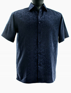 Bassiri Short Sleeve Camp Shirt -Dark Blue Baroque Tonal Pattern