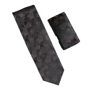 Antonia 100% Silk Tie - Brown & Dark Blue Oak Leaf Design