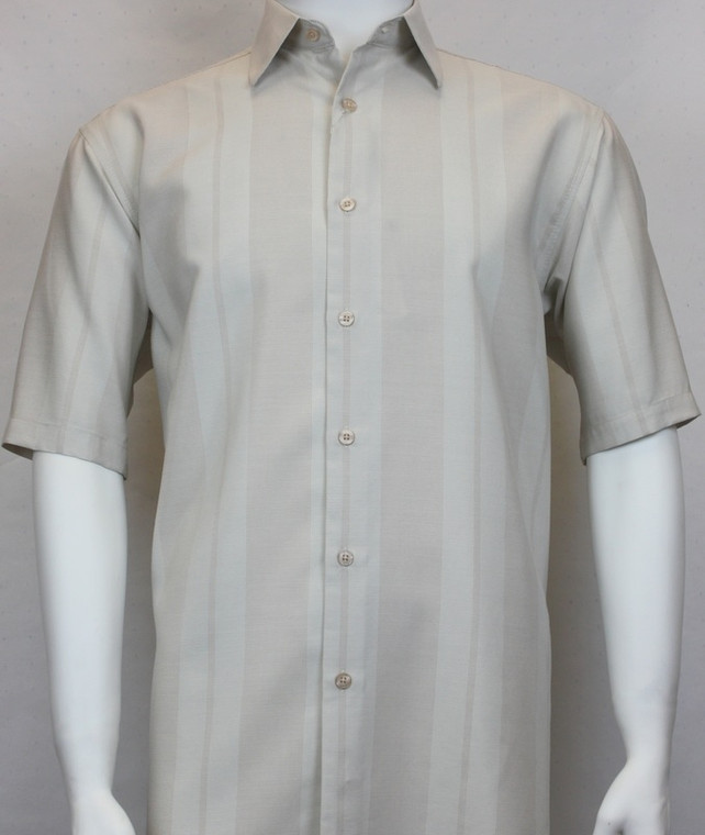 Sangi Modal Blend Short Sleeve Camp Shirt - Tan Tonal Wide Stripe