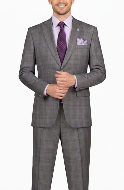 Vinci 2-Button with Flat Front Slacks Grey & Lavender Glenplaid Suit