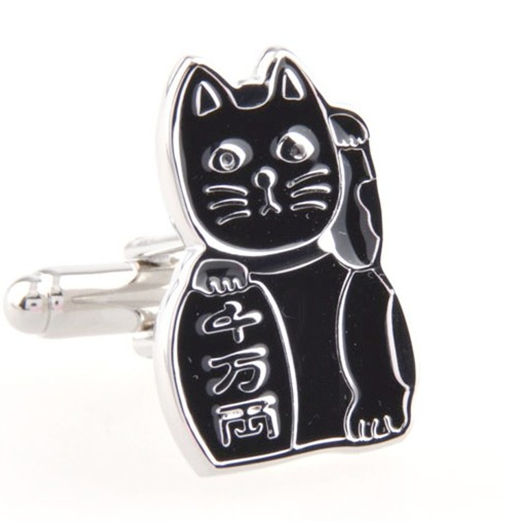 Maneki-neko Good Fortune Cat Black Cufflinks (V-CF-70962B)