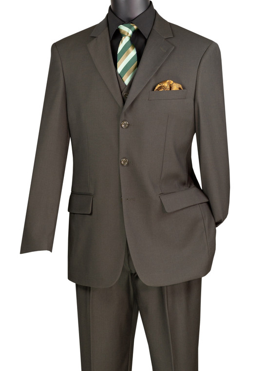 Vinci 3-Button with Vest and Pleated Slacks Suit  - Olive