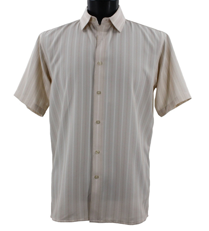 Bassiri Light Tan Tonal Stripes Short Sleeve Camp Shirt