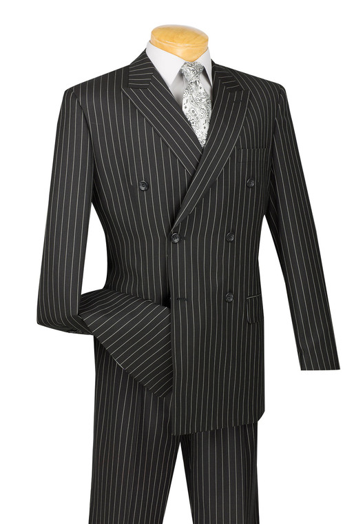 Vinci Black Bold Pinstripe Double-Breasted Suit with Pleated Slacks